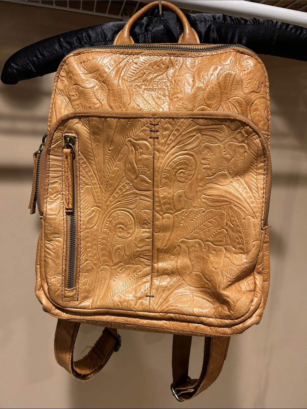 American Leather Tooled Leather Tan Backpack with Floral Embossing